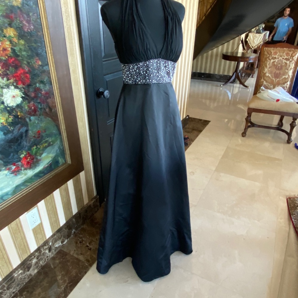 Long satin chiffon black gown with pearls
